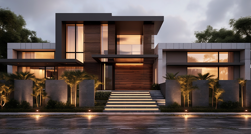 Modern Luxury Home Exterior with Illuminated Steps and Palm Trees